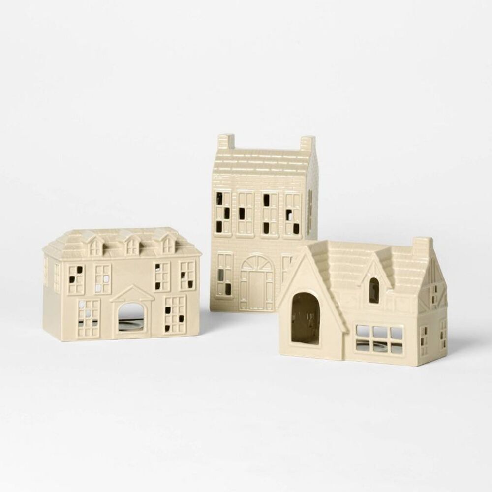 Set of 3 Ceramic Christmas Houses Beige - Threshold designed with Studio McGee